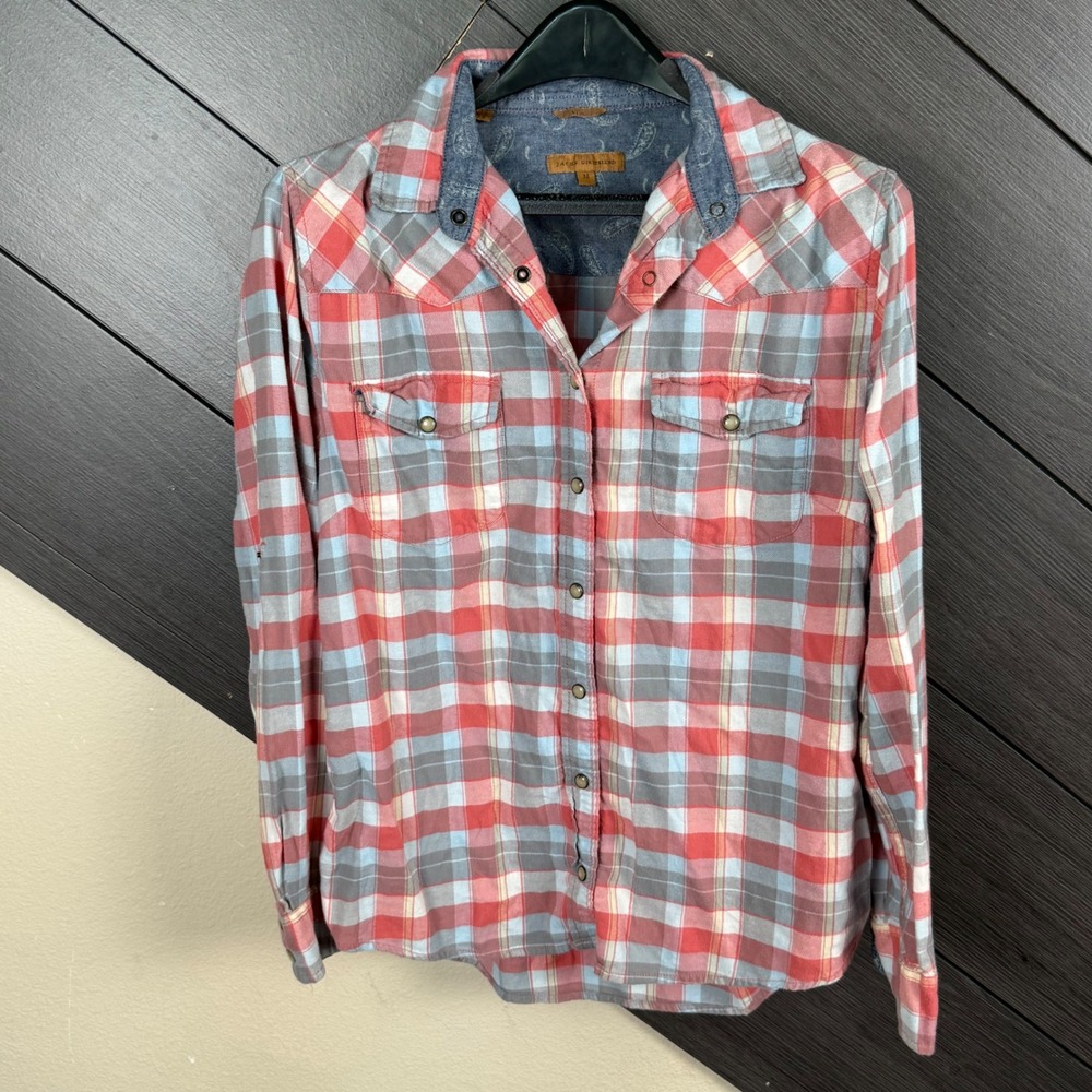 Jachs Girlfriend Bea Women's Medium Plaid Pearl Snap Shirt Pink Blue Western